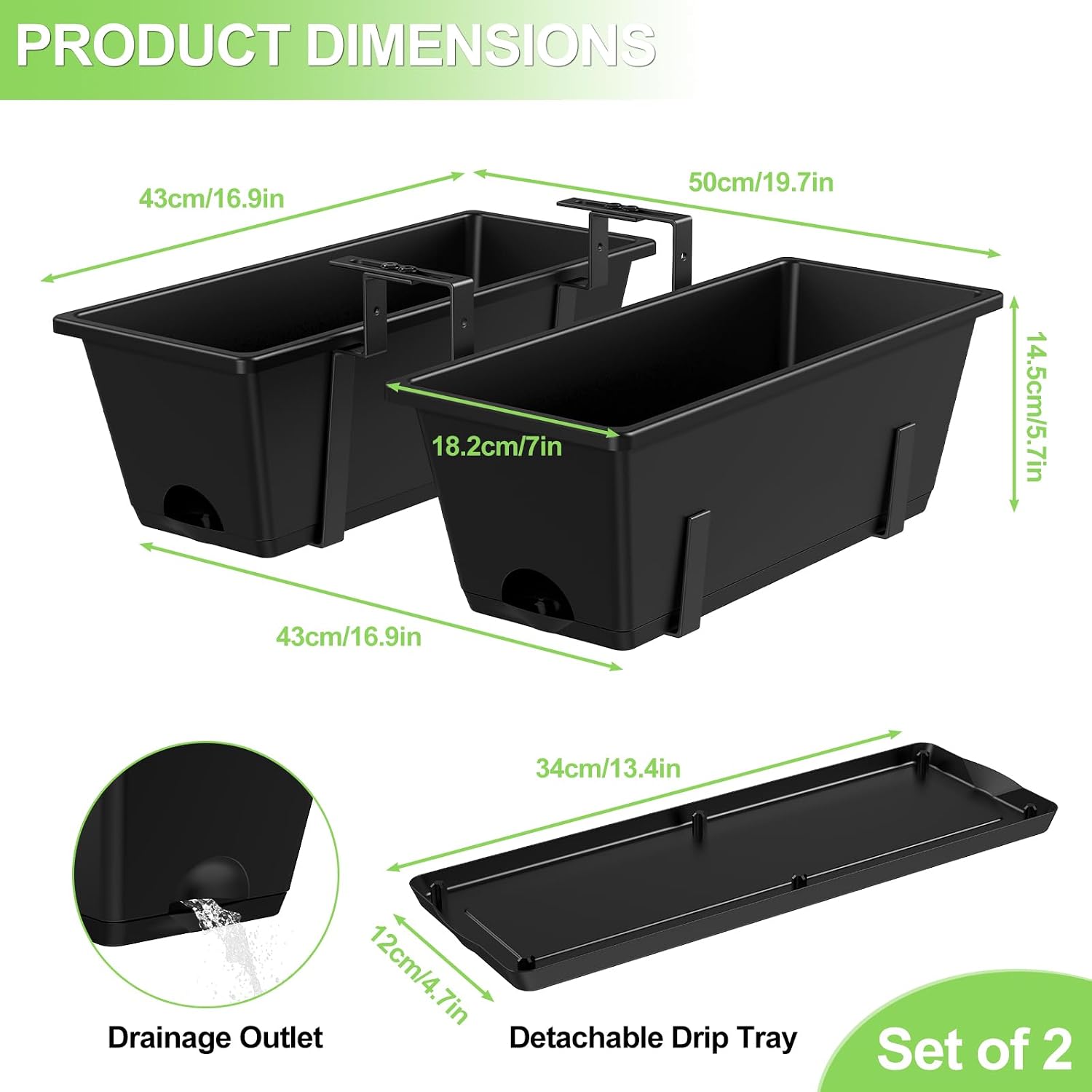 Railing Planter Box Adjustable Window Boxes Planters Set of 2, Black | Hanging Balcony Planters with Removable Bracket