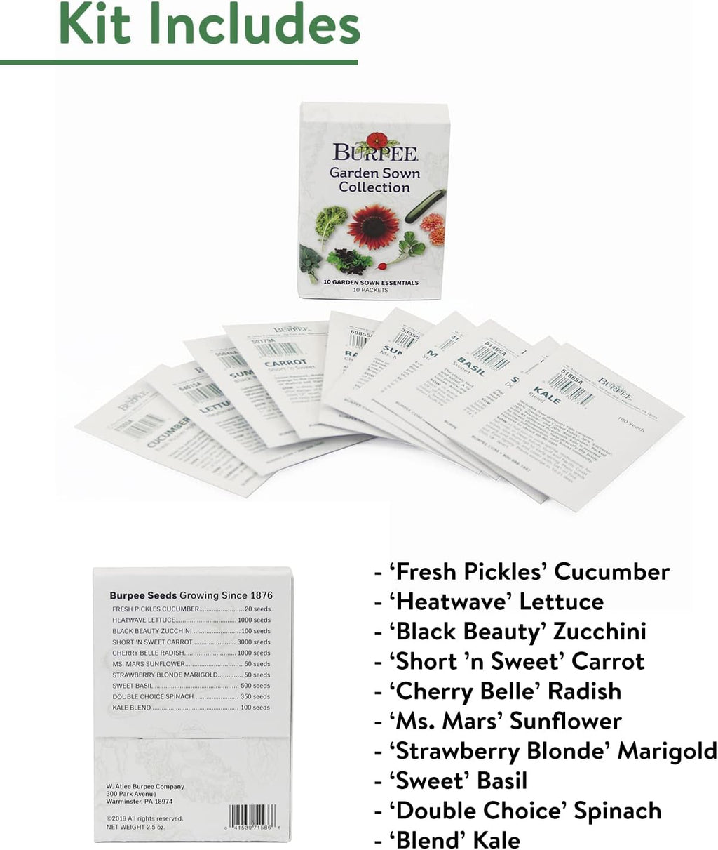 Burpee Garden Sown Flower, Herb & Vegetable 10 Packs of Non-GMO Basil, Lettuce, Cucumber, Radish, Spinach, Kale