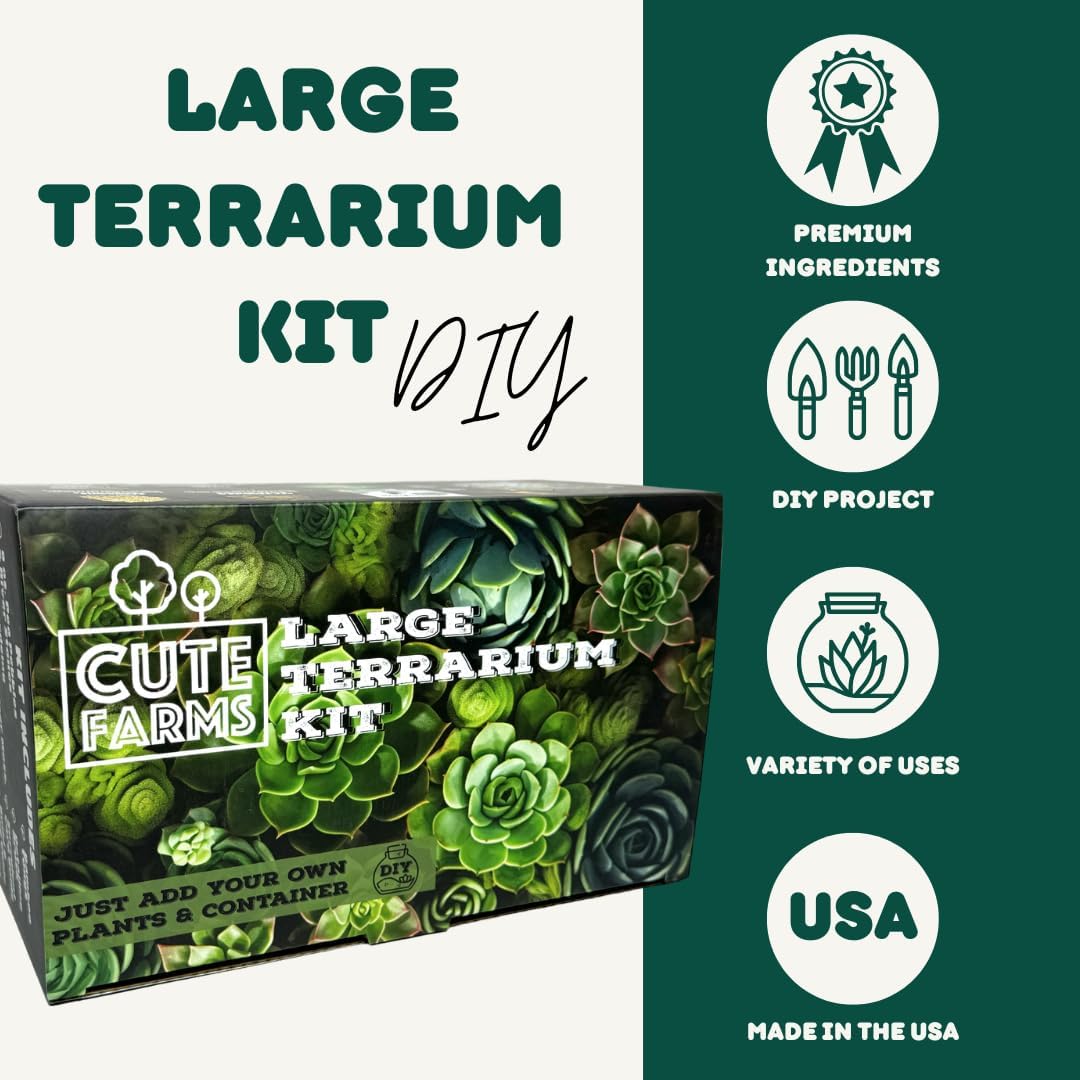 Cute Farms Terrarium Starter Kit | Moss, Vermiculite, Soil, Pebbles, Plant Food, & Finishing Tools (Large + 8 Live