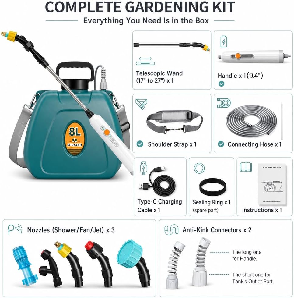 2 Gallon Battery Powered Sprayer, Electric Pump for Weed Killing & Fertilizing, 5 Nozzles, 2500mAh Rechargeable Garden
