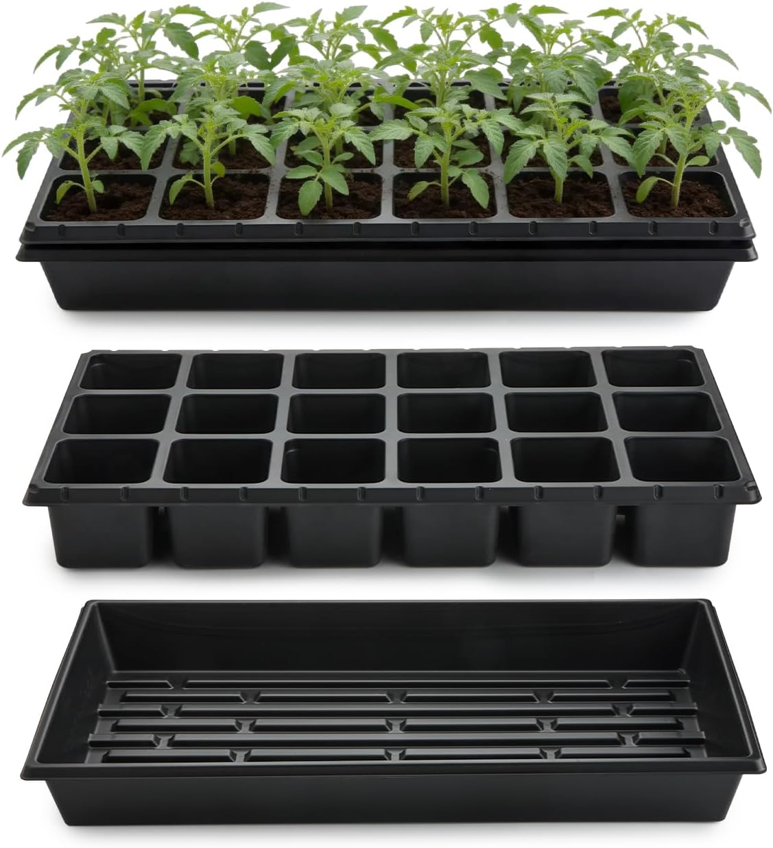 RooTrimmer 3 Inch Square Pots 2.9" Deep 18 Cell Seedling Trays with Water Collection Nursery 1020 Trays No Holes for
