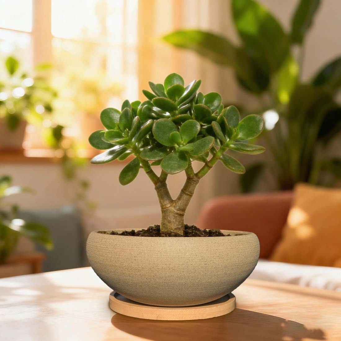 MUZHI 2 Pack 8+6 Inch Plant Pot - Natural Unglazed Ceramic Bonsai Pot with Bamboo Saucer, Large Vintage Clay Shallow