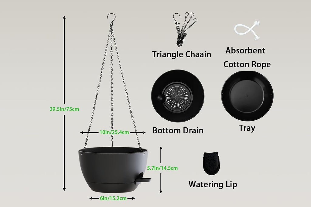 Hanging Planters, 3-Pack 10 Inch Self-Watering Pots with Drainage Holes and Chains, Matte Plastic Planters for
