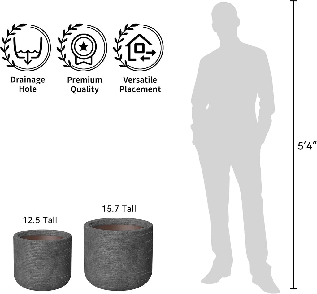 Kante Large Round Capsule Dark Gray Concrete Planter 13.8" Dia, Outdoor | Rubber Plug for Indoor, Drainage for Garden