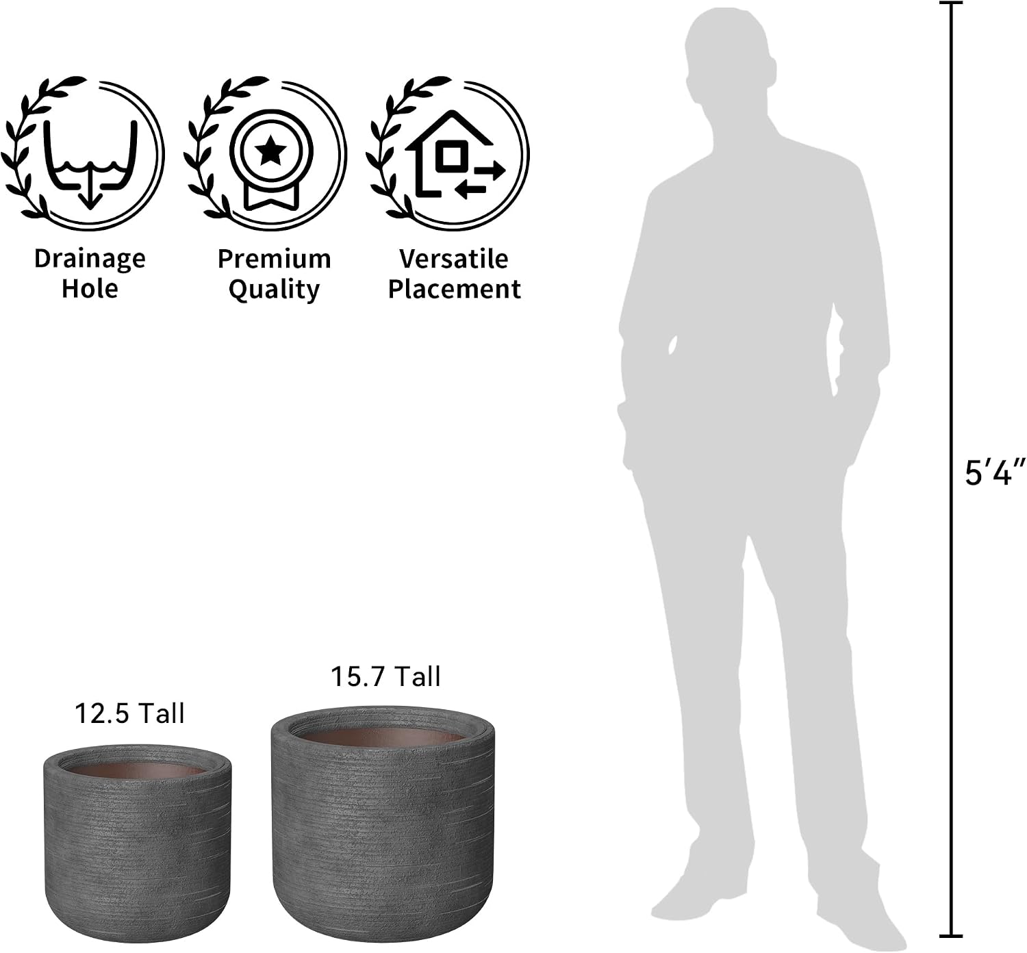 Kante Large Round Capsule Dark Gray Concrete Planter 13.8" Dia, Outdoor | Rubber Plug for Indoor, Drainage for Garden