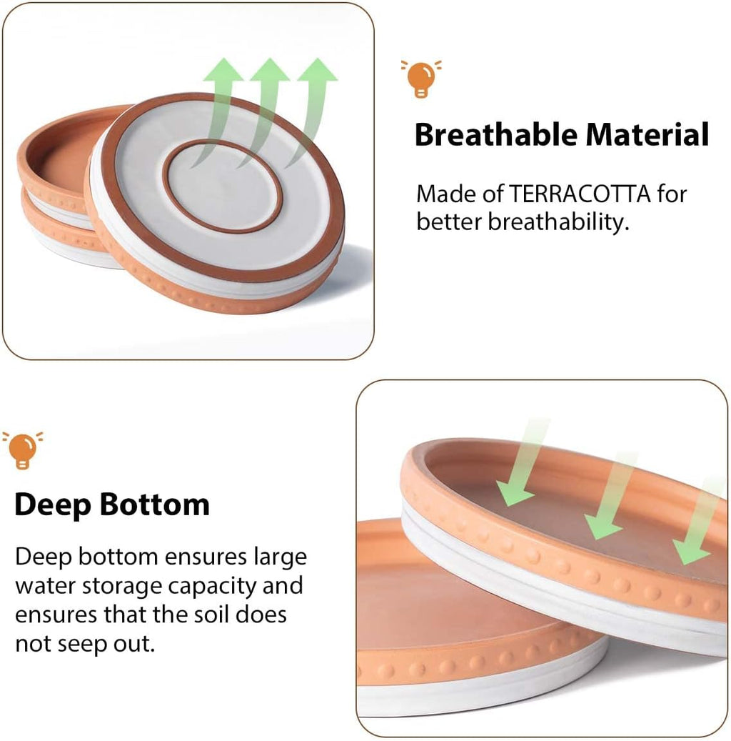 YBX 8-inch Plant Saucer Premium Terracotta Saucer Round Ceramic Plant Trays, Pack of 2 (White/Terracotta) | Glazed