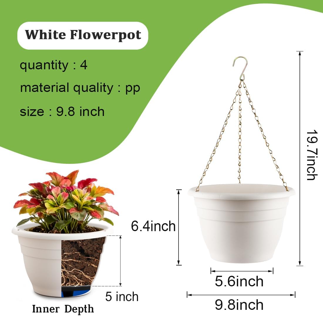 RooTrimmer Hanging Planters 10 Inch, 4 Pcs Flower Pots with Drainage Hole, Self Watering Hanging Basket for Indoor