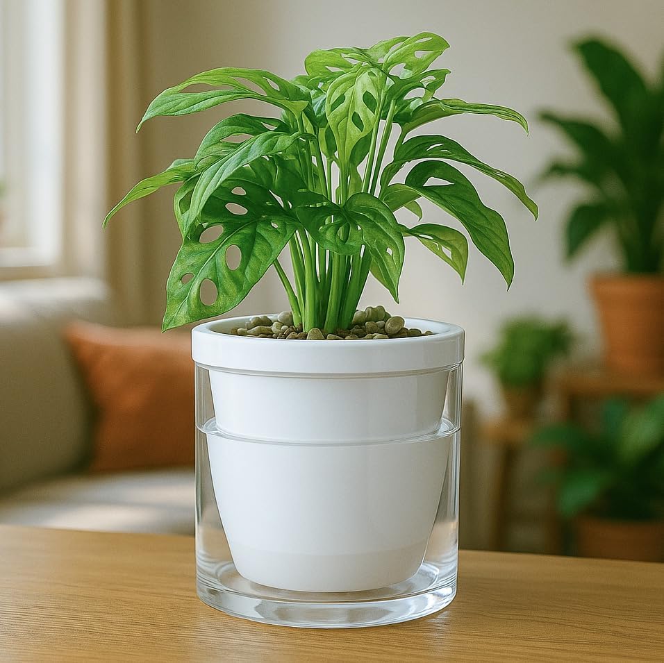 D'vine Dev Self-Watering White Terracotta Planter Pot, 6 in, 37-X-B-2 | Terracotta & Glass Design, Clear Water