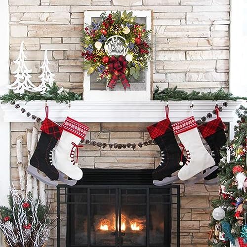 Prelit Christmas Wreath for Front Door Outside,22 inch Be Merry Wreath with red Black Buffalo Plaid Bow,Lighted Farmhouse Christmas decoration-30 LED Light/Timer,Winter Door Wreath, Porch Decor