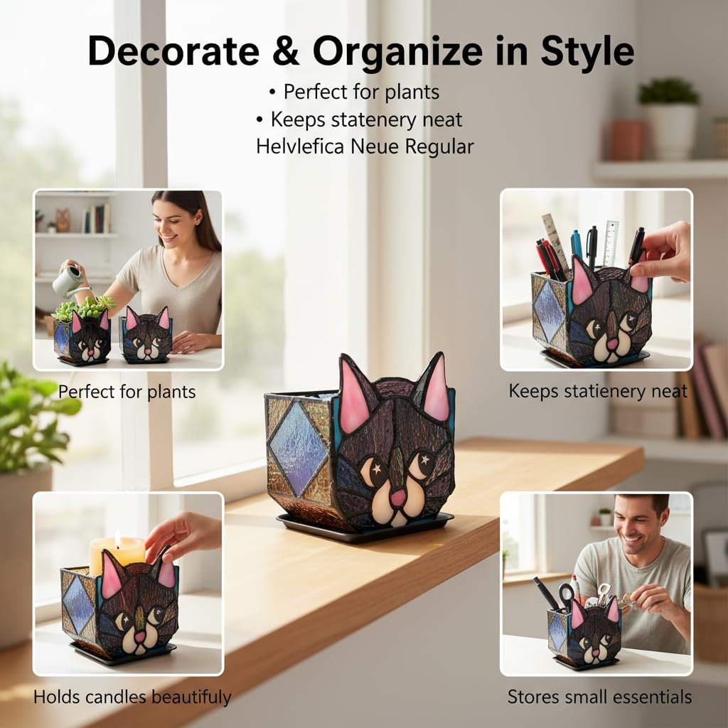 Star Black Cat Decorative Flower Pot, Handcrafted Ceramic Planter with Star Eyes, Modern Home Garden Decor