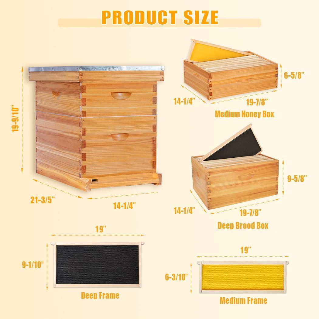 POLLIBEE 8 Frame Beehive Beeswax Coated Langstroth Bee Hives Include 1 Deep Boxes and 1 Medium Bee Box with Beehive