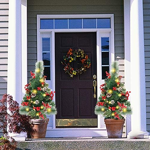 Lulu Home 2 Pack 2 Ft Pre-Lit Pathway Christmas Trees with Stake, Battery Operated 60 LED Lighted Small Christmas Trees Yard Stake Outdoor Decoration with Red Berries, Red Balls, Pine Cones