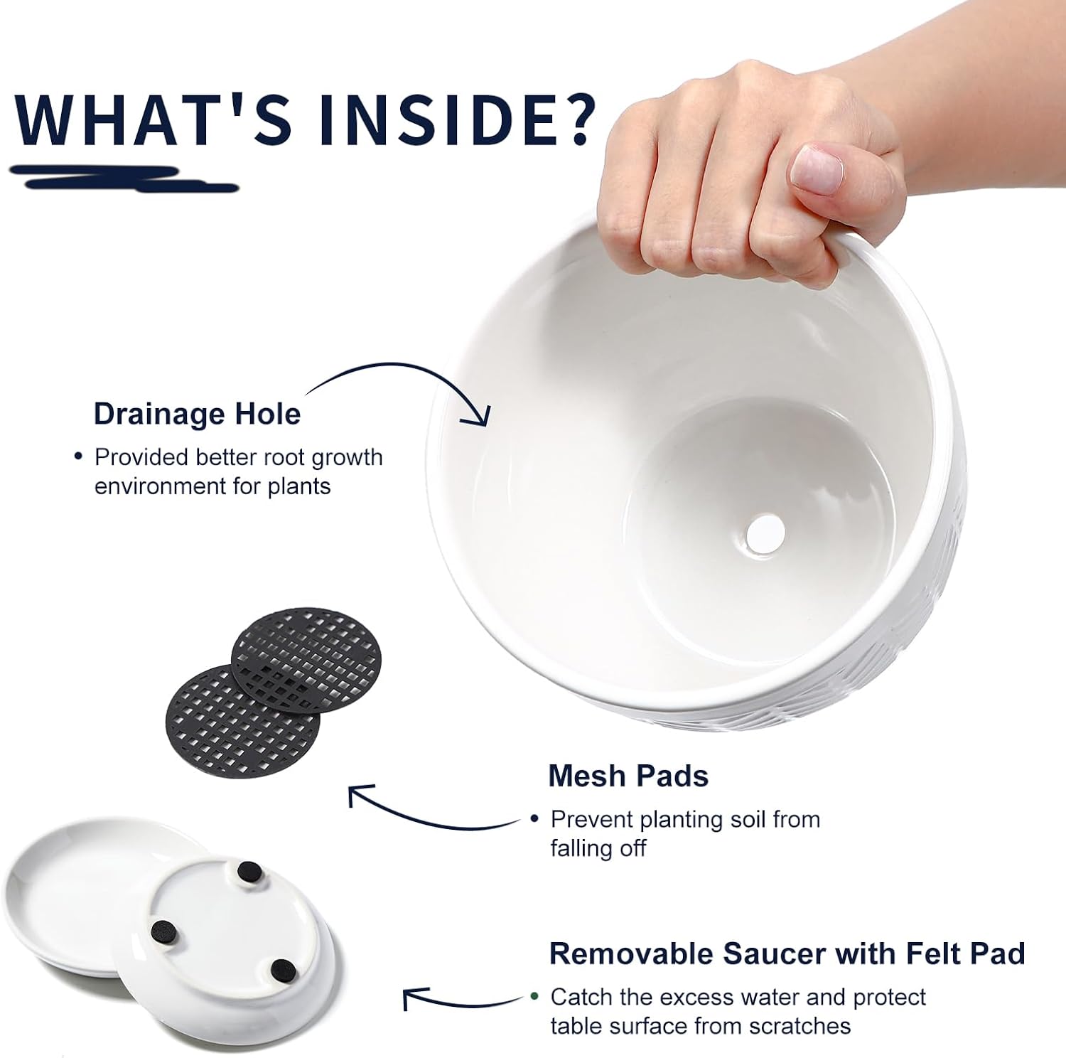 Sureasy Ceramic Indoor Plant Pots - 5.6 Inch Flower Pots for Plants with Drainage Hole and Saucer, Embossed Planter for
