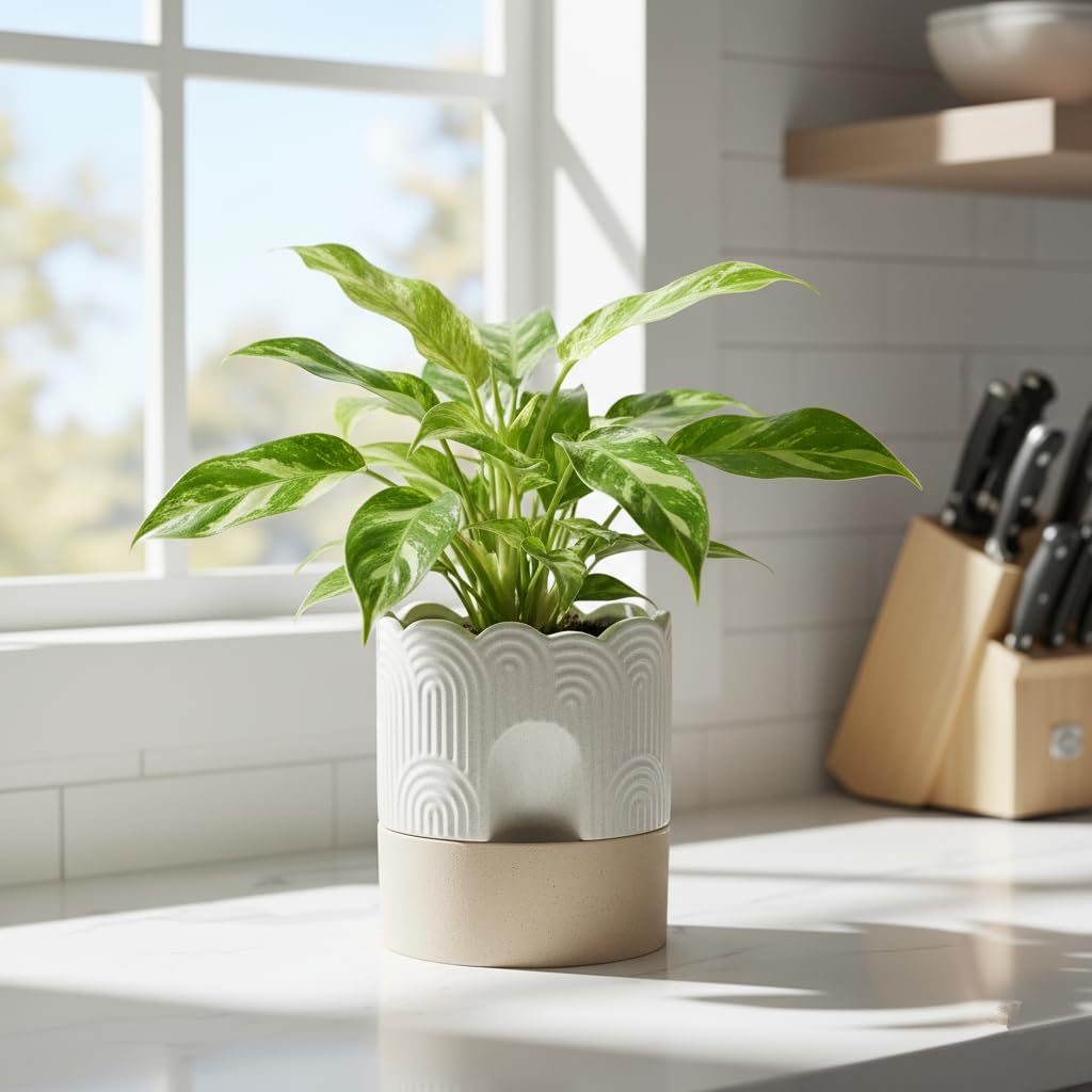 Nihow Ceramic Self Watering Pots for Indoor Plants, 6 Inch,Beige | Visible Water Level Fill Port,Planter with Cotton