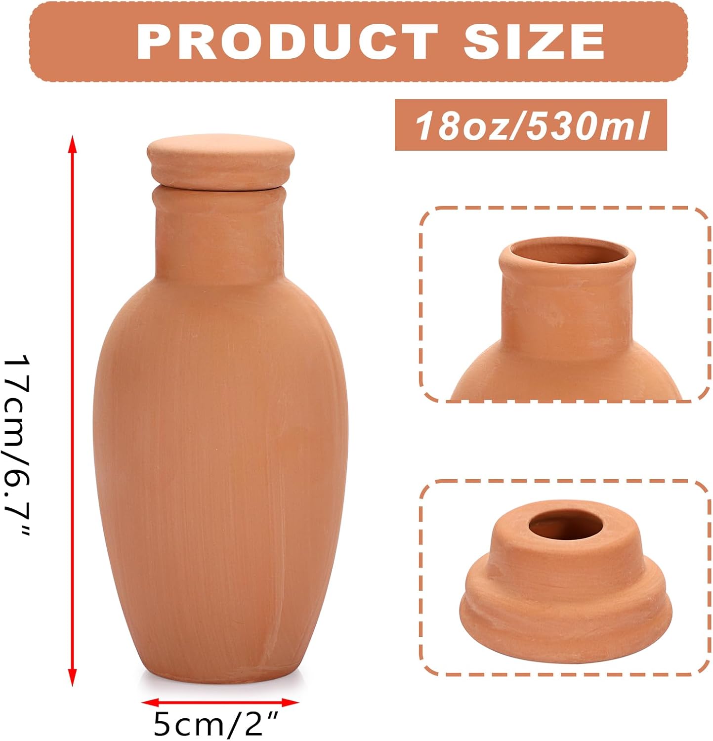 JUXYES 6 Pack Terracotta Self Watering Pots Watering System Planter Spikes | 18 oz Plant Watering Globes with Lid