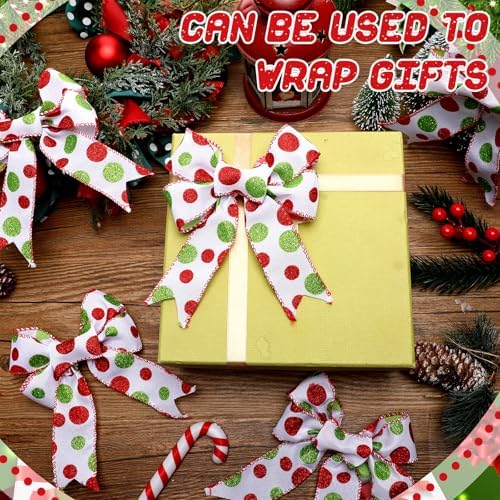 Lyrow 16 Pcs Large Christmas Bows Polka Dot Christmas Tree Bow, White Green