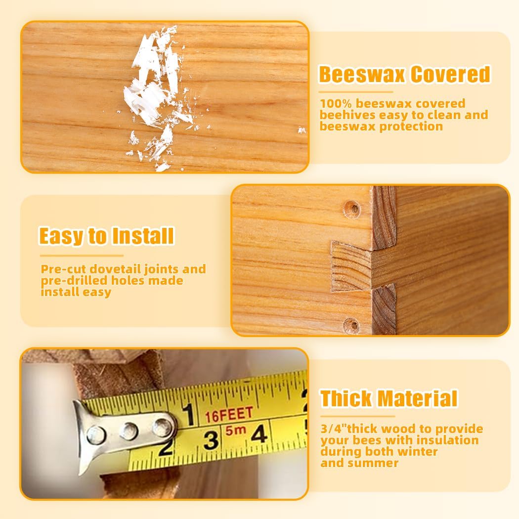 POLLIBEE 8 Frame Beehive Beeswax Coated Langstroth Bee Hives Include 1 Deep Boxes and 1 Medium Bee Box with Beehive