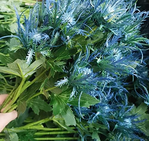 5 Pack Silk Artificial Thistle Flowers Eryngiums Faux Plants for Garden Wedding Prom Party Bouquet Floral Arrangement (Blue)