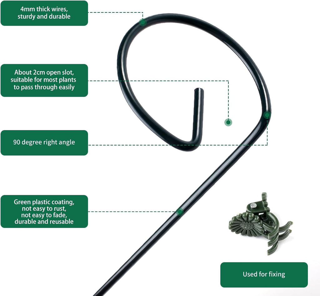 12 Pack Plant Support Stakes with 24 Pcs Plant Clips, Garden Single Stem Support Stake, Plant Cage Support Ring for
