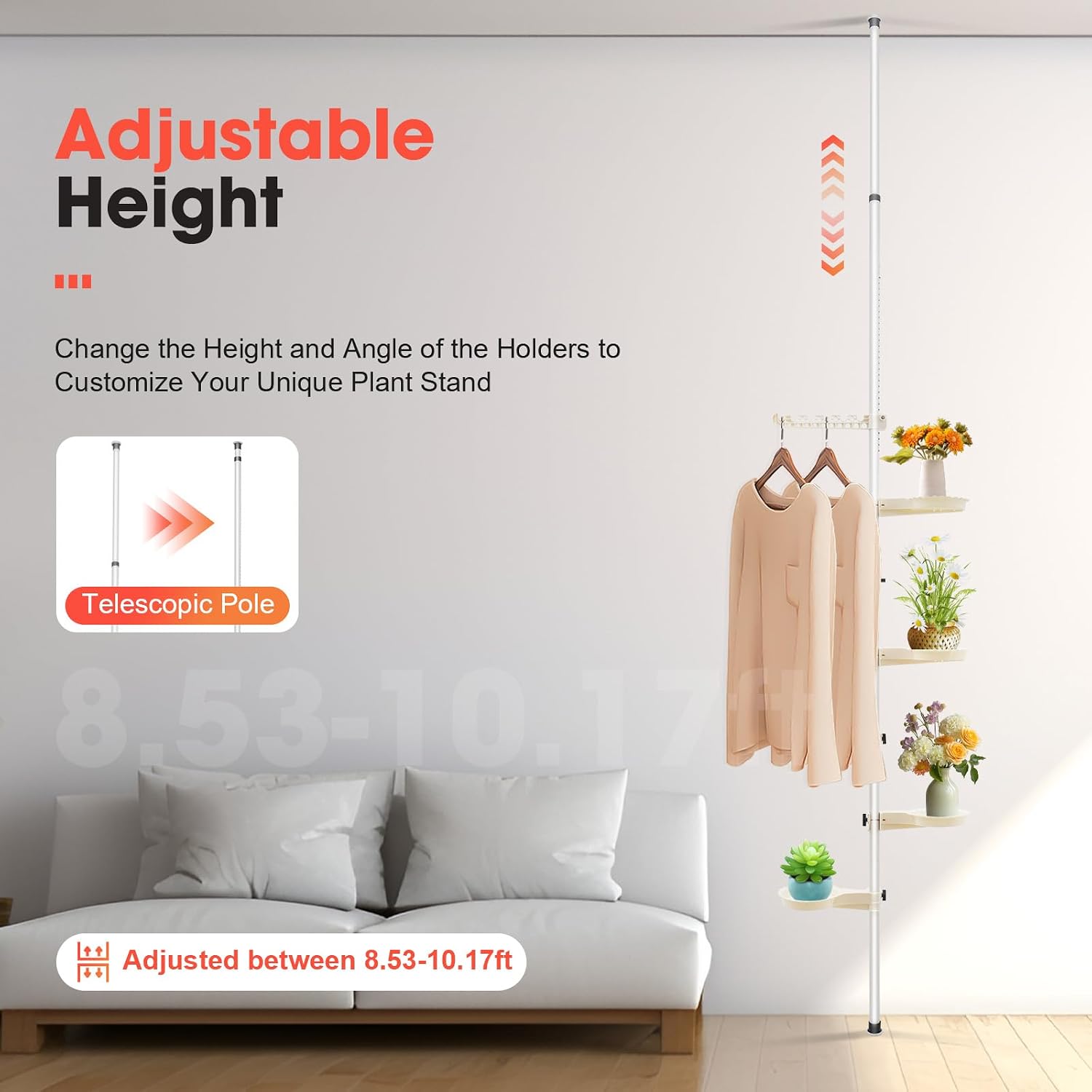Plant Holder Pole, Tension Rod Rack Stands, Plant Decorative Display Rack, Floor to Ceiling, 7-Layer Flower Display