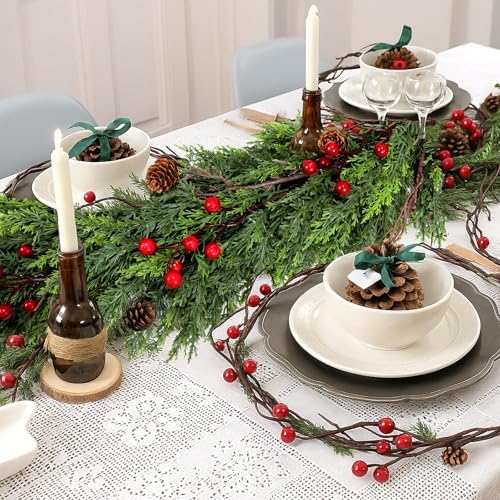 ENVEN Faux Cedar Christmas Garland with Red Berries & Pine Cones – Full Faux Winter Greenery for Holiday Mantel, Staircase, Doorway, Indoor Outdoor Christmas Décor (9FT)