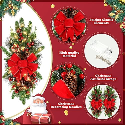 Lyrow 2 Pack 24" Christmas Stairway Swag with Lights, Red Ribbon