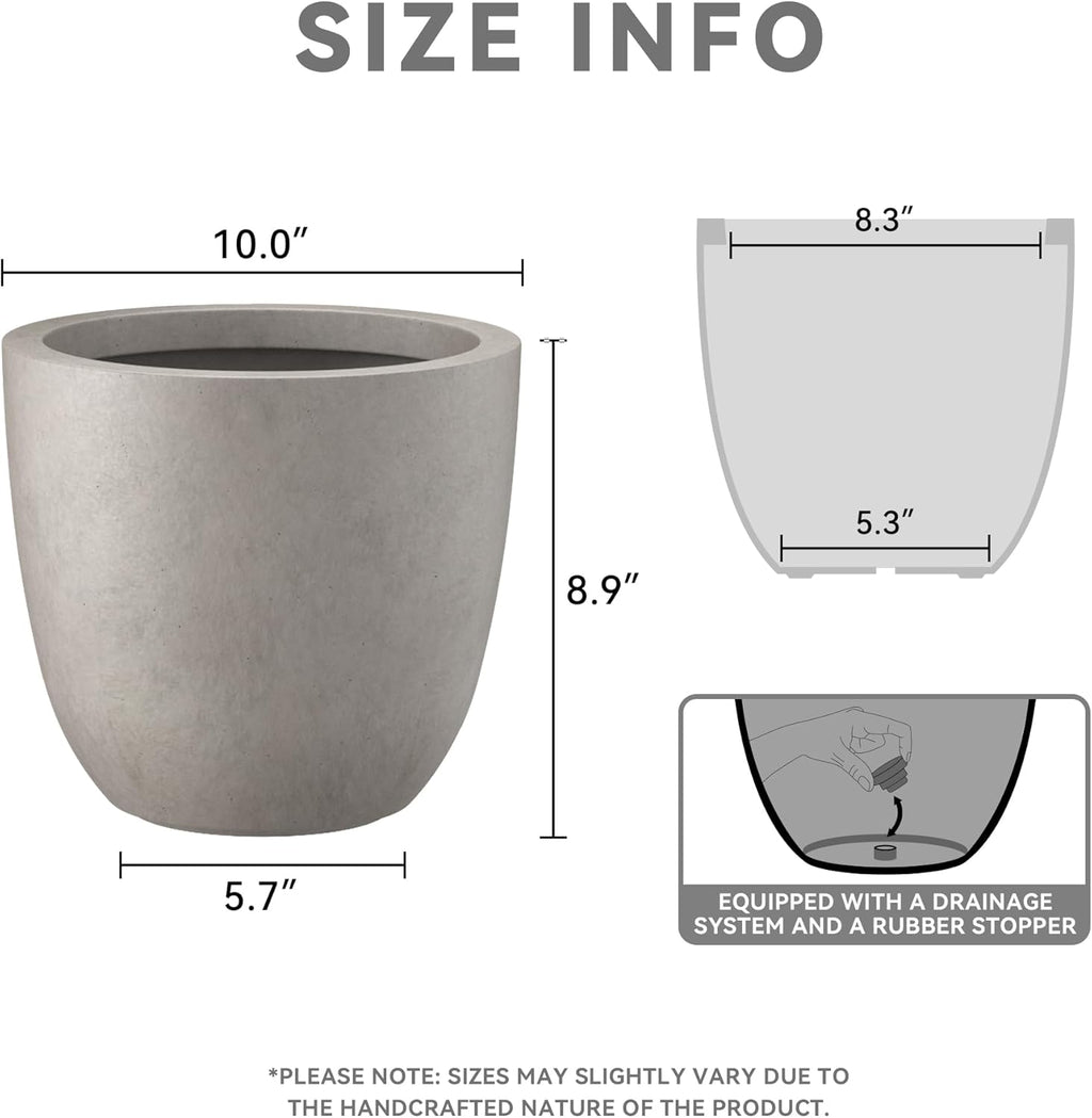 Kante Small Round Bowl Weathered Concrete Planter 10" Dia, Outdoor | Rubber Plug for Indoor, Drainage for Garden