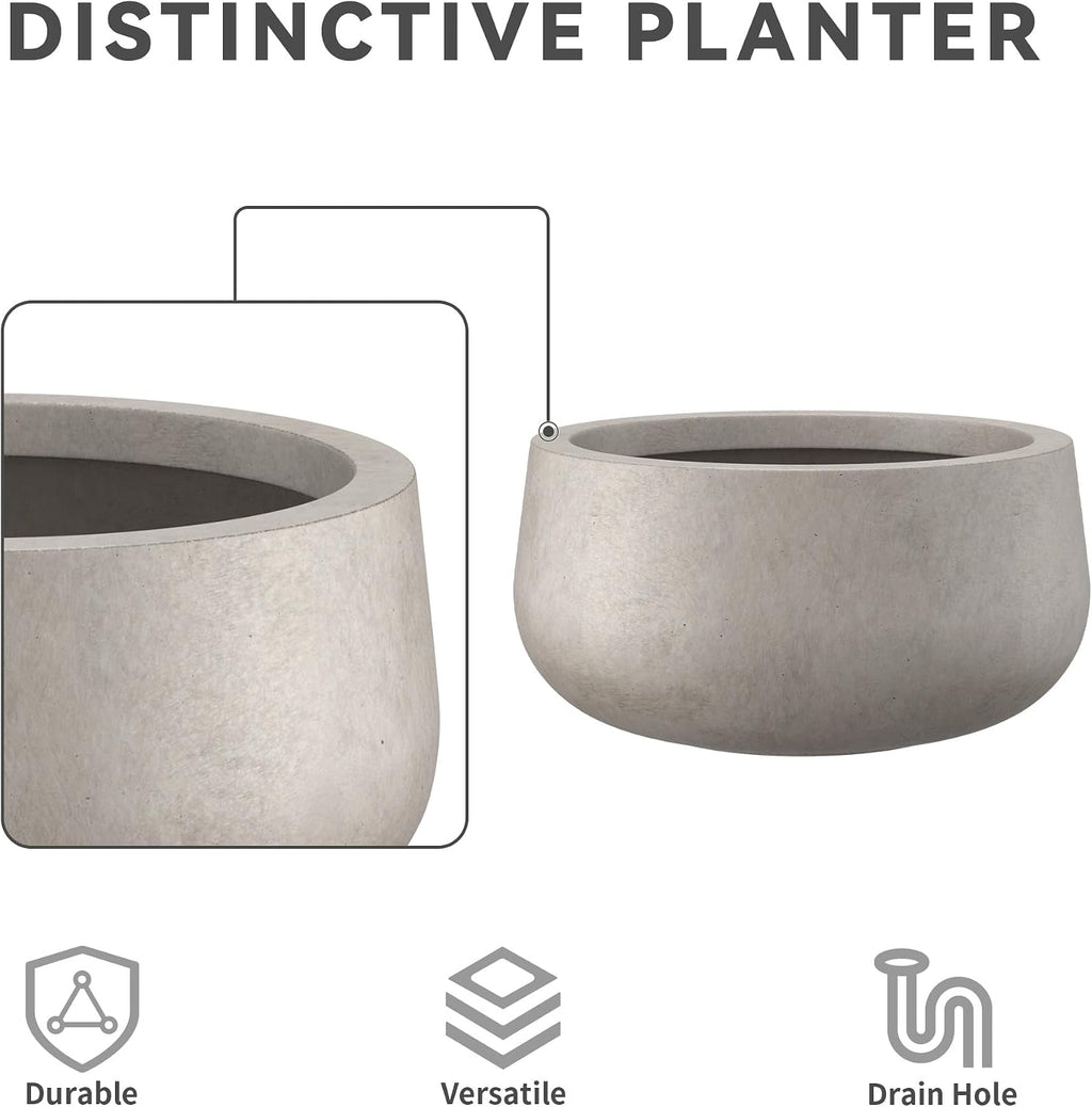 Kante Small Round Bowl Weathered Concrete Planter 11" Dia, Outdoor | Rubber Plug for Indoor, Drainage for Garden