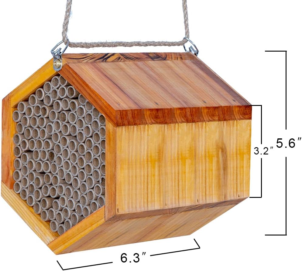 Mason Bee House - Handmade Natural Wooden Bee Hive Coated with Wax for Water-Proof and Long Service Life - Attracts