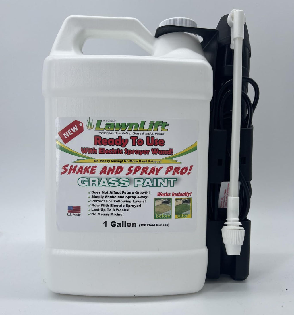 1-gallon ready to use grass paint, shake and spray pro with electric sprayer wand. No more messy mixing. Instantly