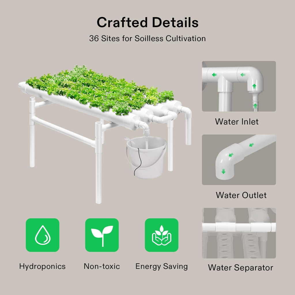 VIVOSUN Hydroponic Grow Kit, 1 Layer 36 Plant Sites 4 Food-Grade PVC-U Pipes Hydroponics Planting System with Water