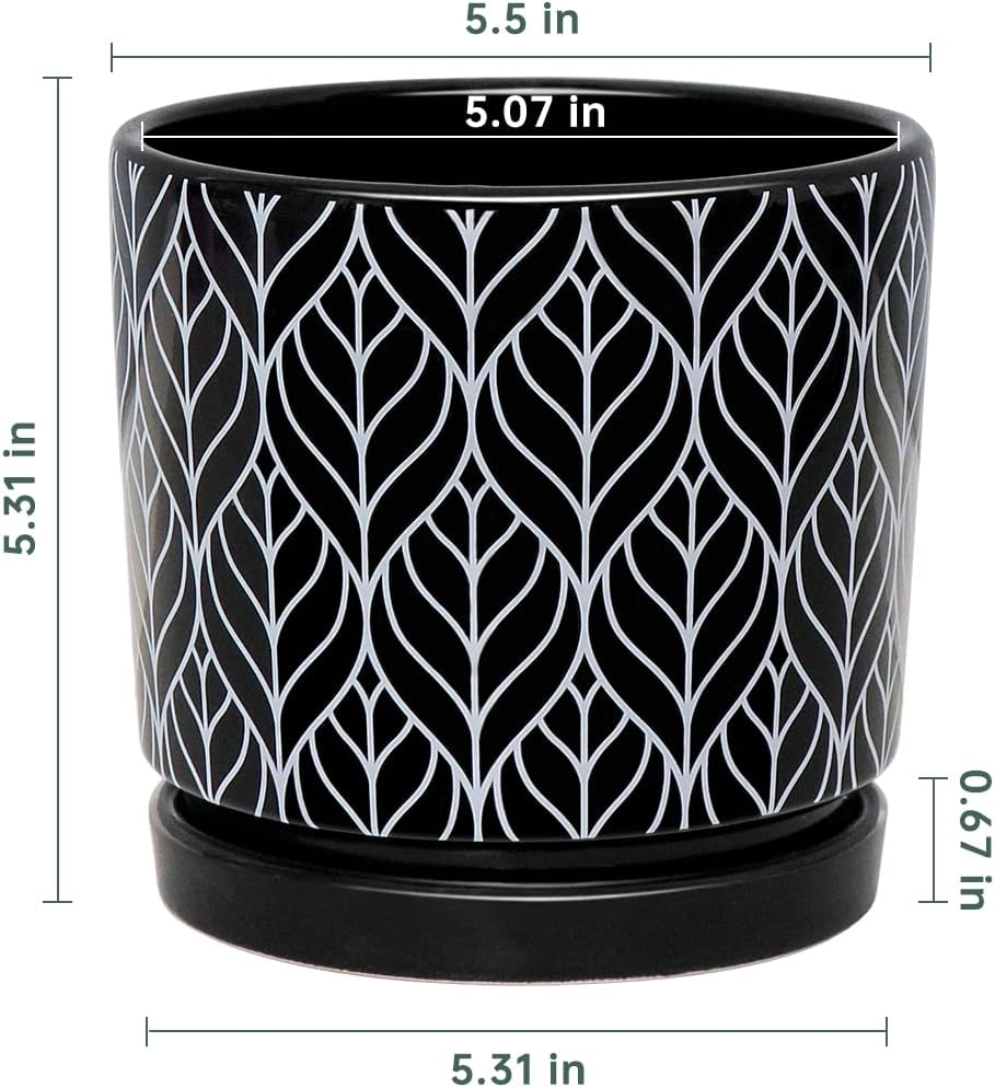 Flower Pots,5.5 Inch Black Ceramic Planters with Drainage Hole Set of 4 | Geometry Pots for Plants | Indoor Cylinder