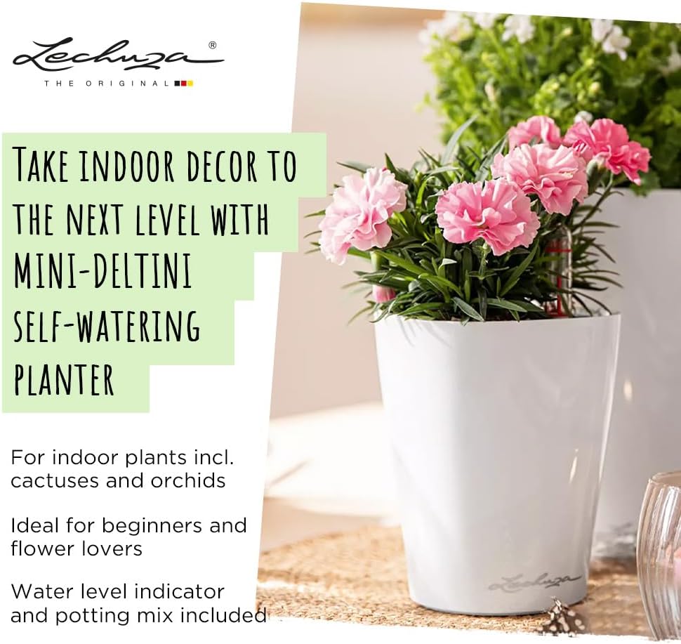 Lechuza MINI-DELTINI Cream White High Gloss, Self-Watering Small Indoor Planter, H5.1 L3.9 W3.9, 0.4L in