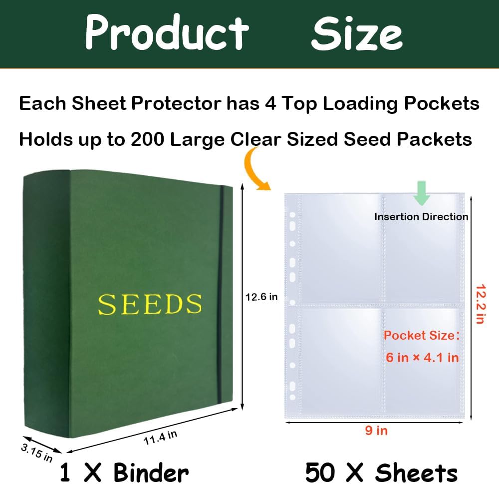 Extra Large Seed Storage Organizer Binder,3 Ring Seed Packet Organizer | with 200 Pockets(50 Pack Clear Sheet