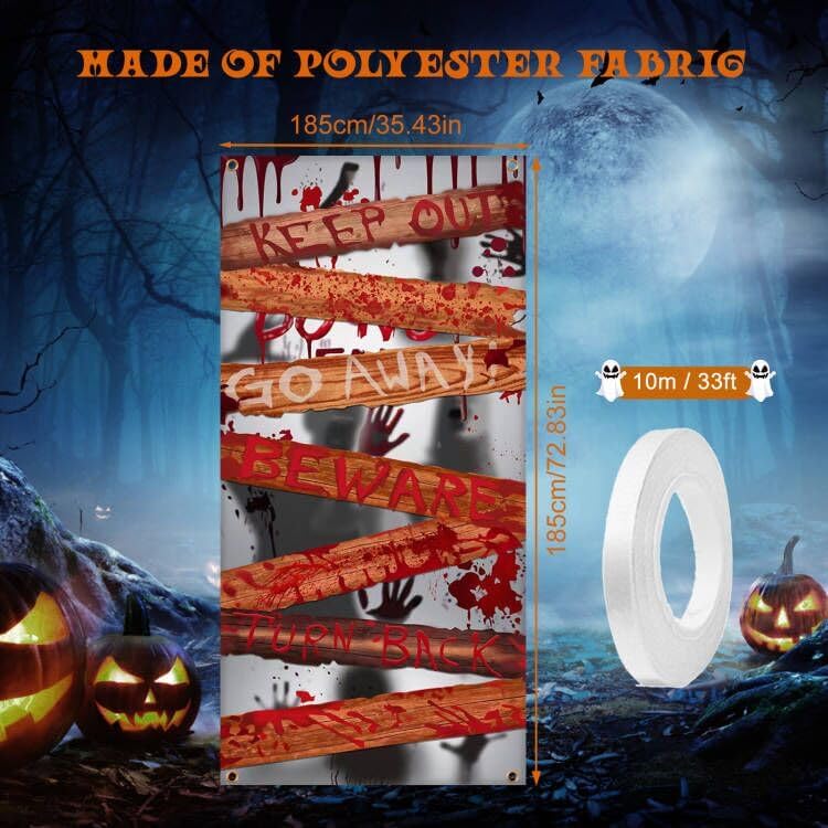 Large Halloween Zombie Door Cover, 35X73 Inch Bloody Handprint Halloween Front Door Cover Decoration Shadowy Figure Poster Scary Haunted House Party Supplies for Porch Indoor Office Window