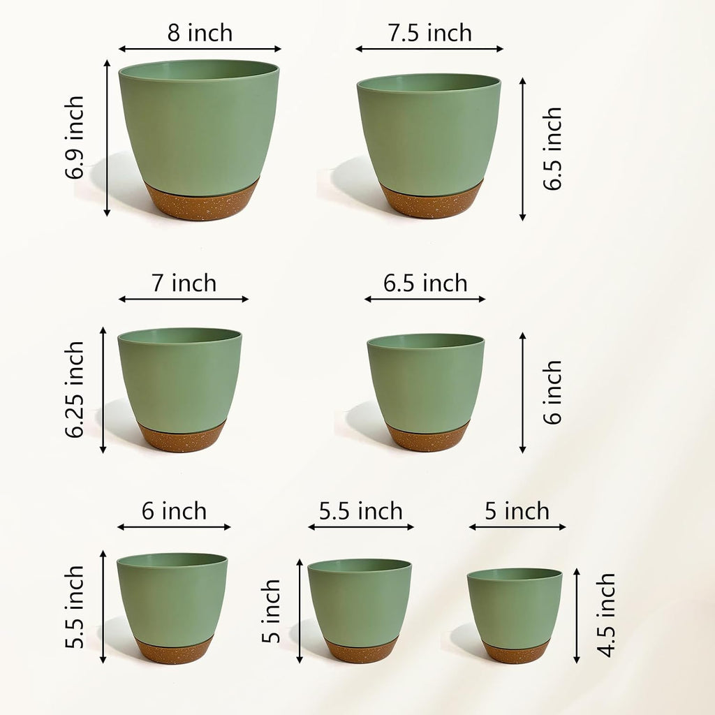 LIFFY Plant Pots, 8,7.5,7,6.5,6,5.5,5 Inch Plastic Self Watering Planters with Drainage Holes & Saucers, 7-Pack Green