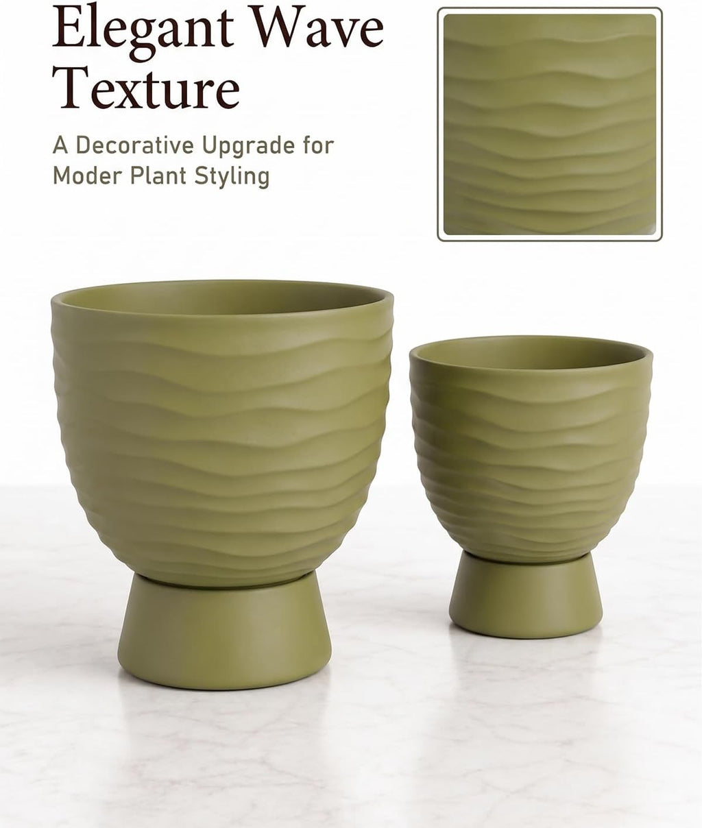 Green Terracotta Self Watering Plant Pots, 6 and 8 Inch with Saucers | Small and large clay flower pots with drainage