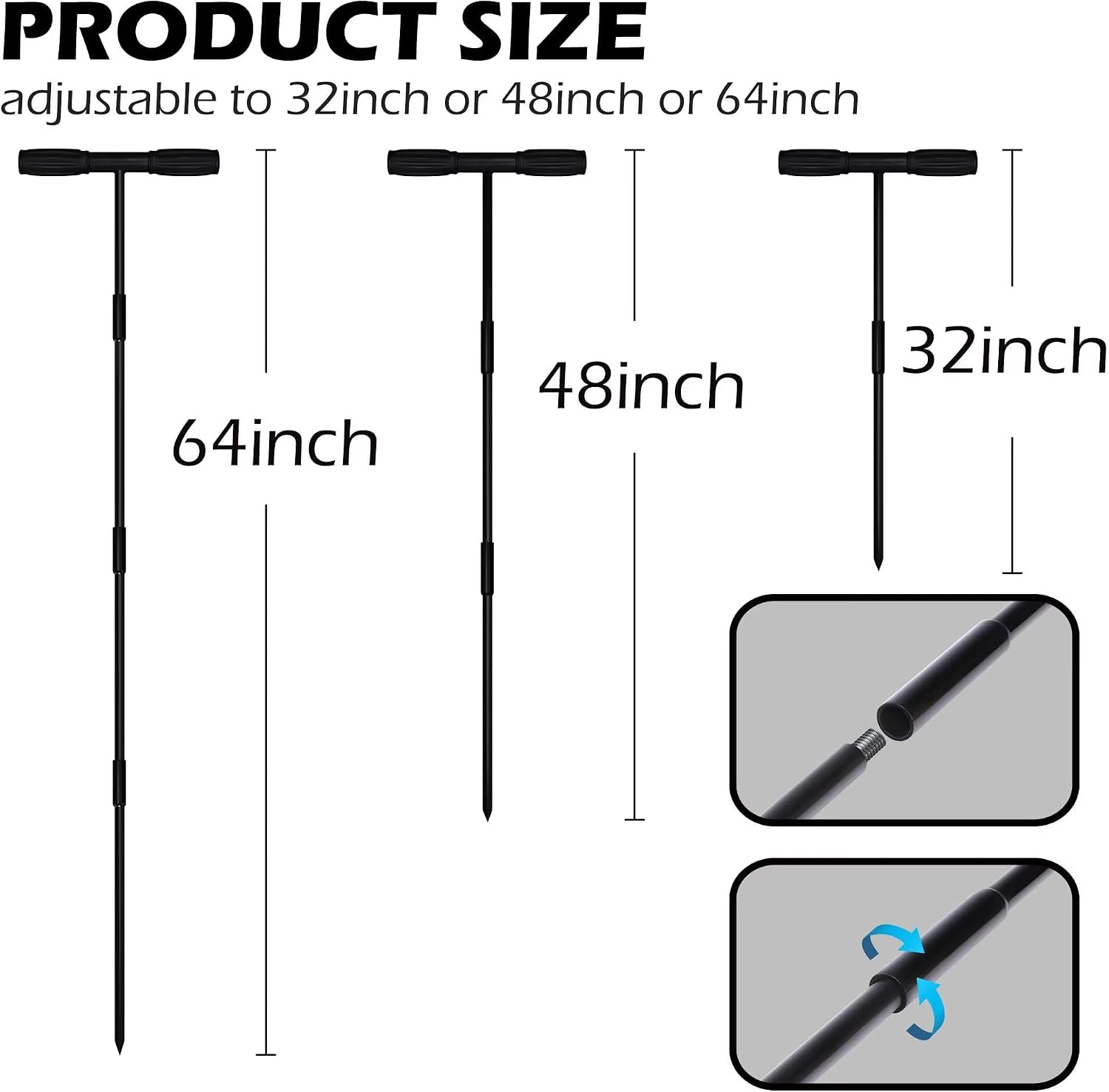 Sfcddtlg 64" Metal Ground Soil Probe Rod, Adjustable Soil Sample Probe | T-Handle Septic Tank Locator for Tile Probing