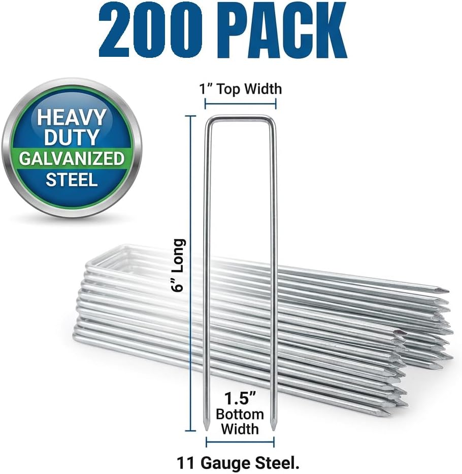 200 Pack 6 Inch Heavy Duty U-Shaped Landscape Staples, 11 Gauge Galvanized Steel Garden Stakes for Securing Landscape