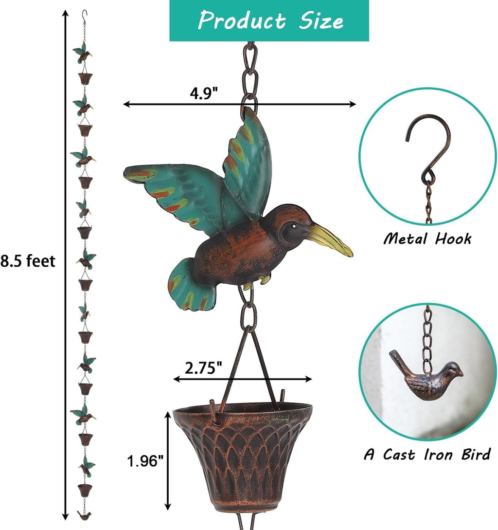 8.5FT Rain Chain, Hummingbird and Cup Rain Chains for Gutters and Downspouts | Metal Decorative Rainwater Catcher
