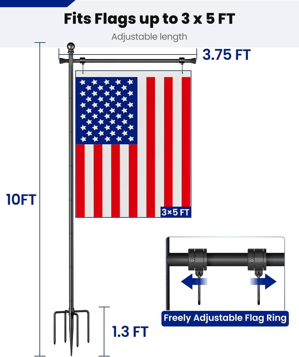 Koutemie 10FT In Ground Flag Pole Holder for Outside House for 3x5 Flags | Adjustable Flag Poles for 3x5 American