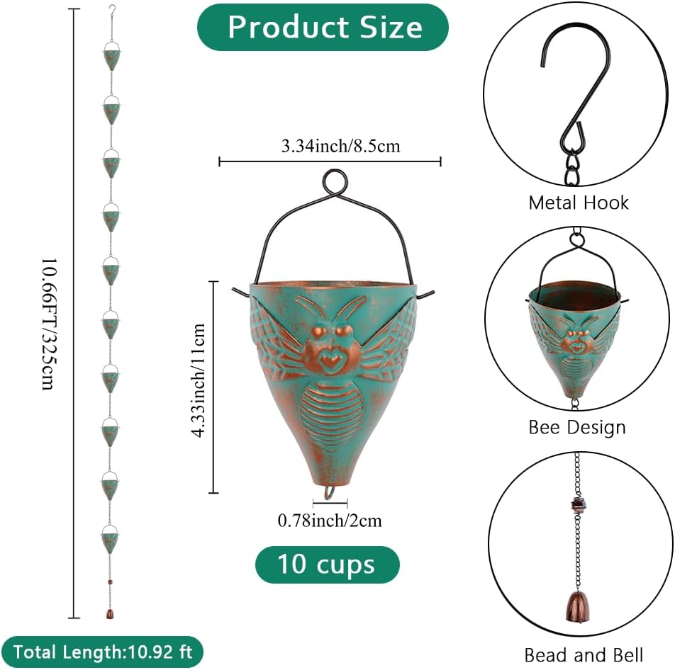 10ft Rain Chains for Outside Gutters, Eaves, Drainage | 10 Bee-Pattern Cups, Metal Rain Chain, Adjustable Length