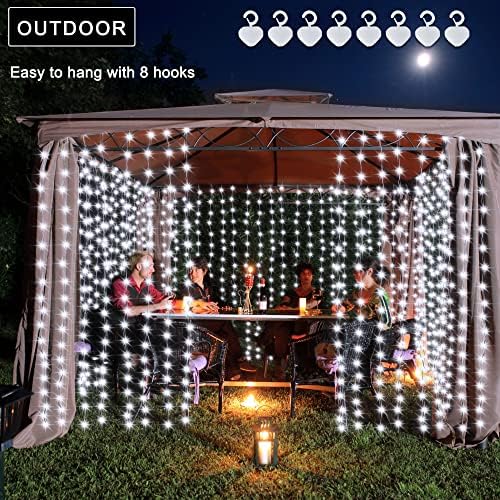 7.9ft x 6ft Curtain Lights Solar with Timer, 144 LED Outdoor Curtain Lights