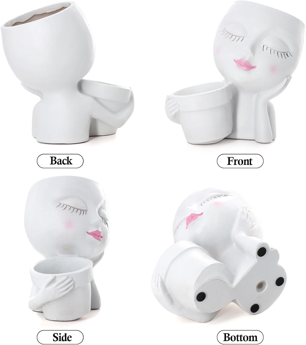 Face Planter Pot, 2-in-1 Resin Head Planter with Mini Pot, Cute Lady Flower Pots with Drainage for Indoor Outdoor