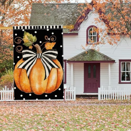 Fall Garden Flag Polka Dots Bowknot Pumpkin Garden Flags For Outside Burlap Decor, Thanksgiving 28X40 Inch Double Sided Vertical Autumn Decor Patio Lawn Yard Outdoor Decoration