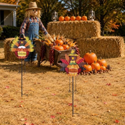 hogardeck Thanksgiving Decorations Outdoor, 38" Set of 2 Metal Turkey Decorative Garden Stakes for Thanksgiving Decor, Give Thanks Welcome Sign Turkey Yard Art for Fall Home Garden Lawn Patio