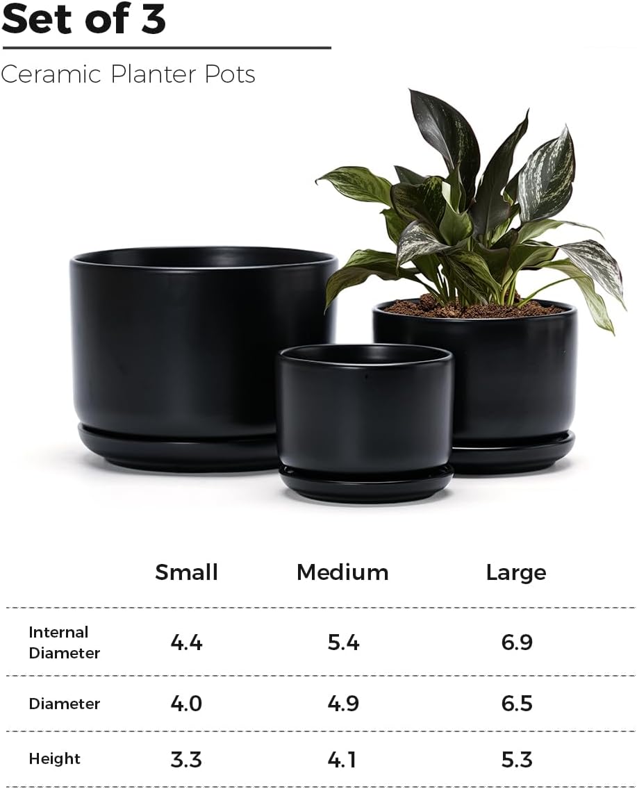 Flower Pots,Ceramic Pots with Drainage Holes & Saucer Set of 3(Matte Black) | Planters for Indoor Plants | Small