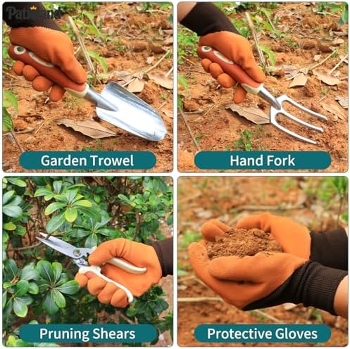 Brown Garden Tool Set 4-Piece, Trowel, Fork, Pruning Shear&Gloves
