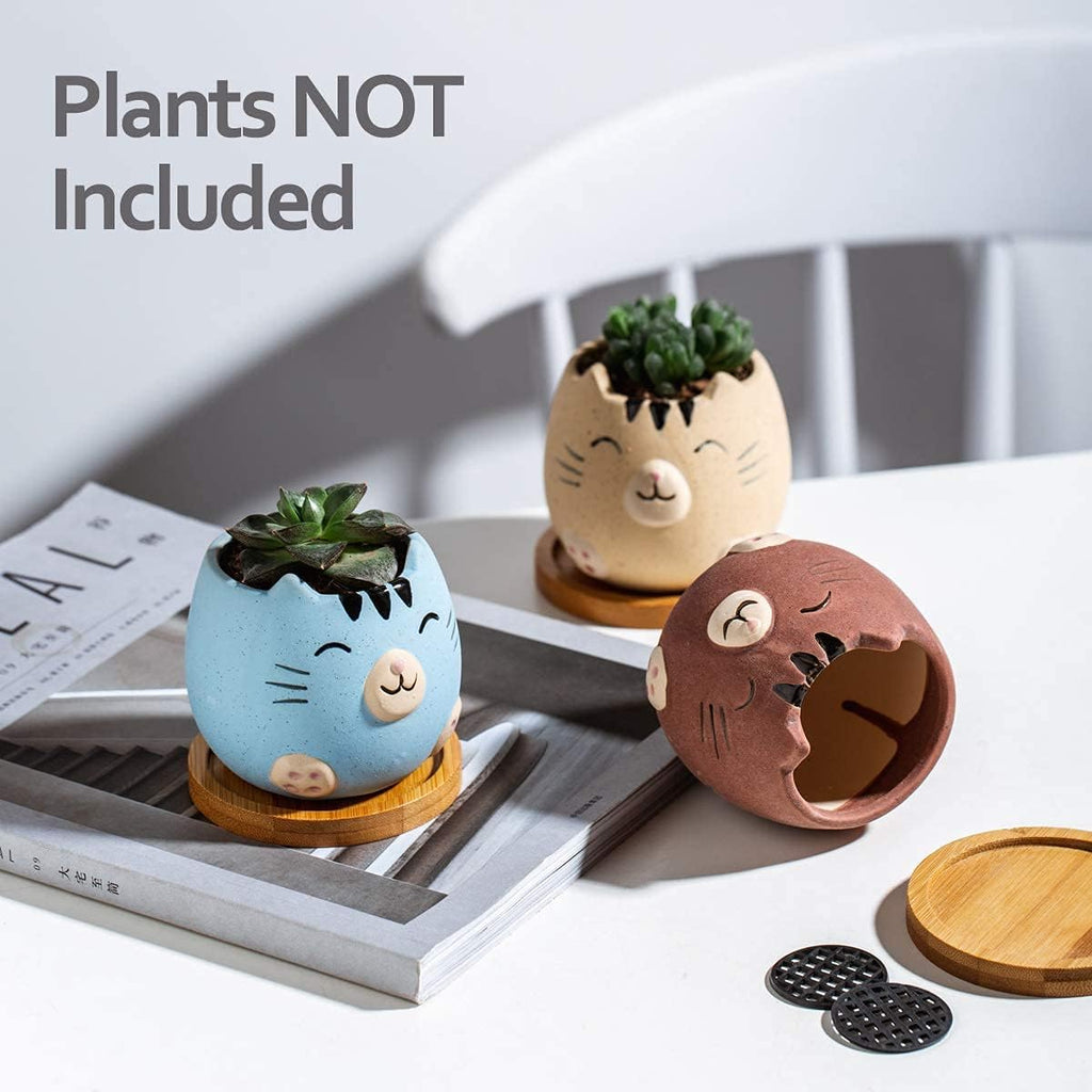 6Pack 3.4inch Small Ceramic Animal Planter Pots for Baby Succulent with Drainage and Bamboo Tray (Matte Cats)