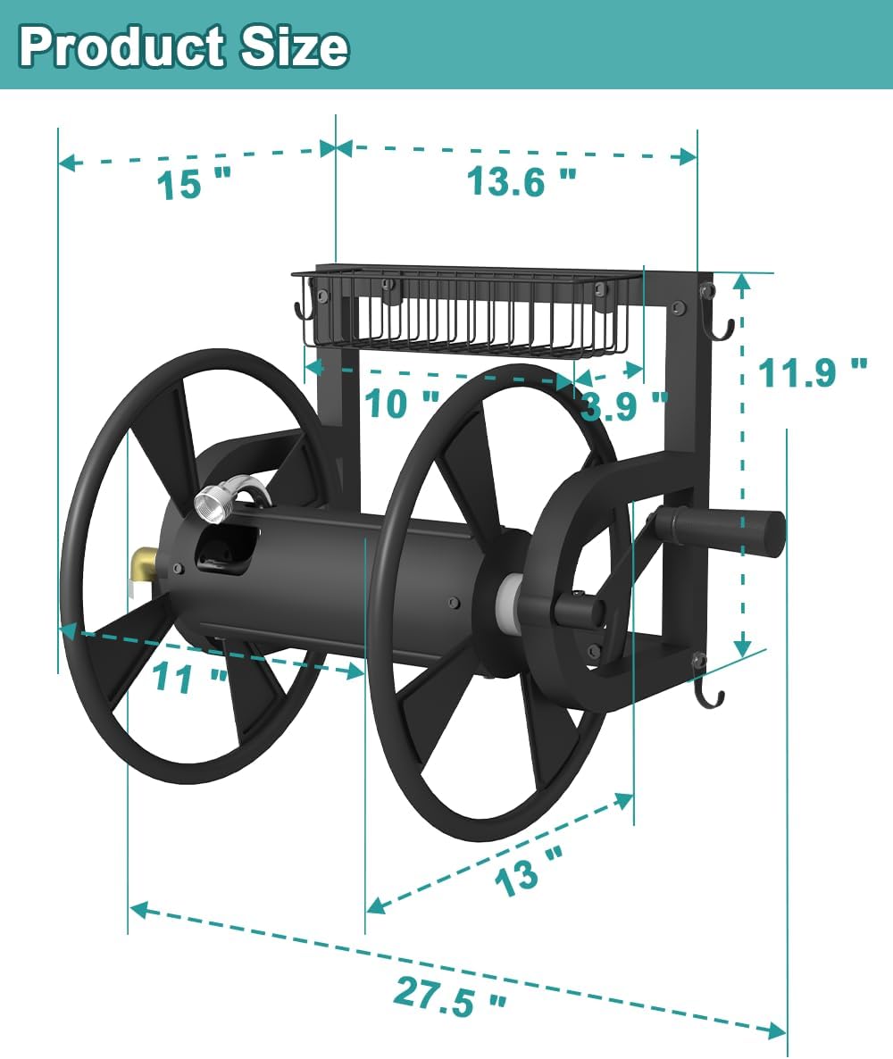 Outdoor Wall Mounted Hose Reel with Hook, Garden Heavy-Duty Water Holder Winder with 3.9 ft Leader Hoses, Brass Fitting